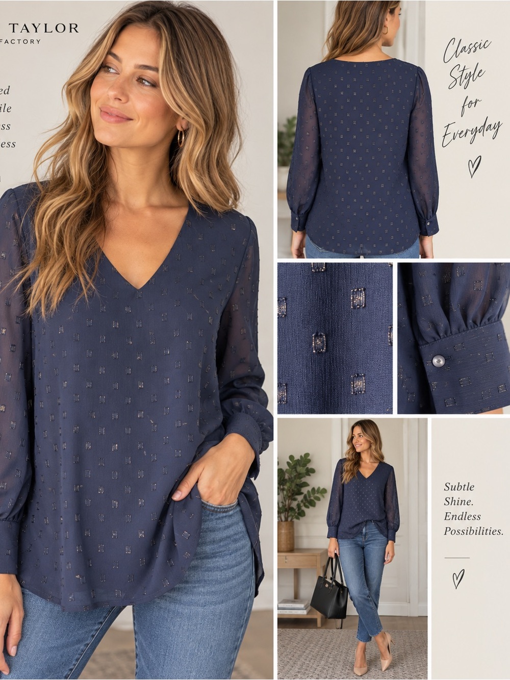Ann Taylor Navy Blue Metallic Dot Tunic – Size M